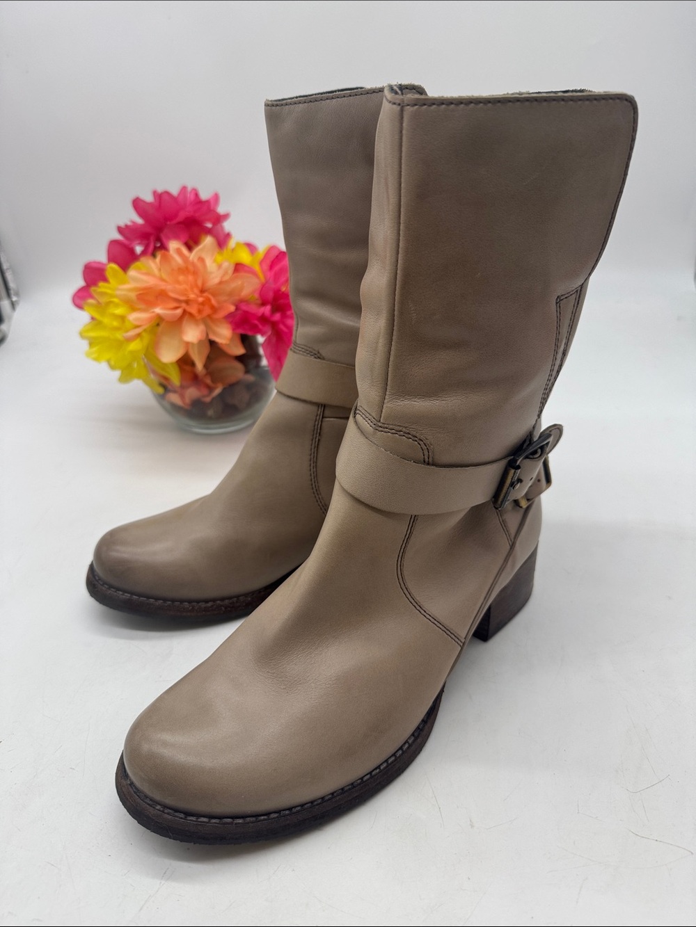 Clarks Women’s Taupe Leather Mid-Calf Harness Boots Size 7.5